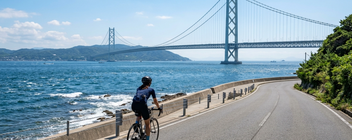單車騎士沿淡路島海岸道路騎乘,遠方可見明石海峽大橋(AI 生成示意圖)