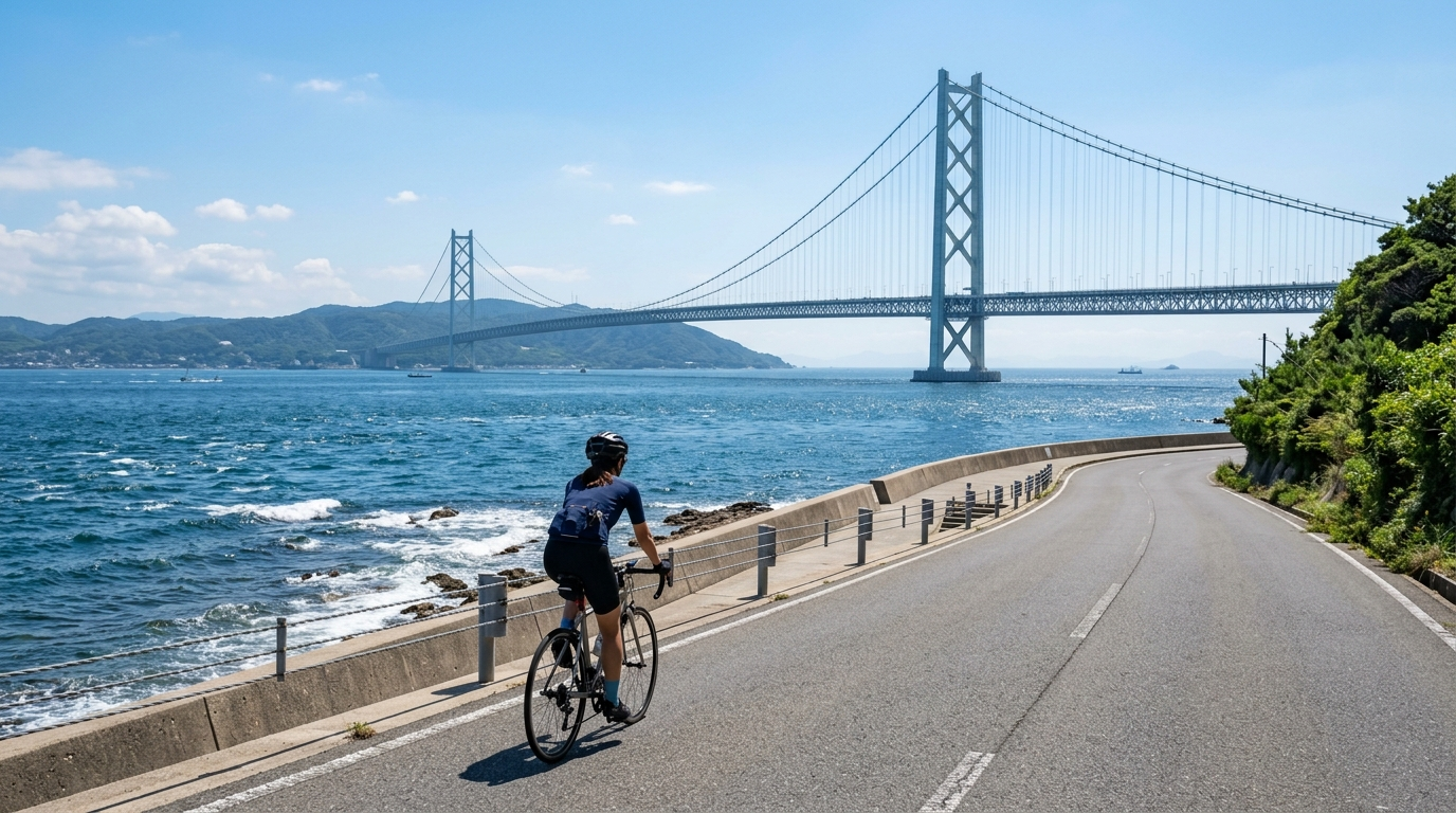 單車騎士沿淡路島海岸道路騎乘,遠方可見明石海峽大橋(AI 生成示意圖)