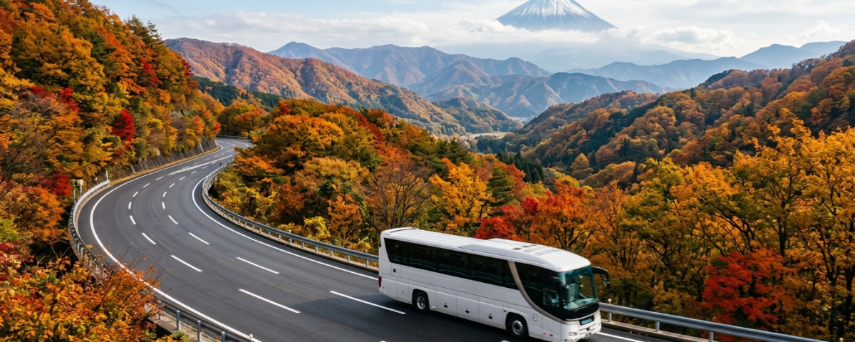 高速巴士行駛於富士山地區山間道路,秋季楓紅與遠方富士山輪廓相映(AI 生成示意圖)