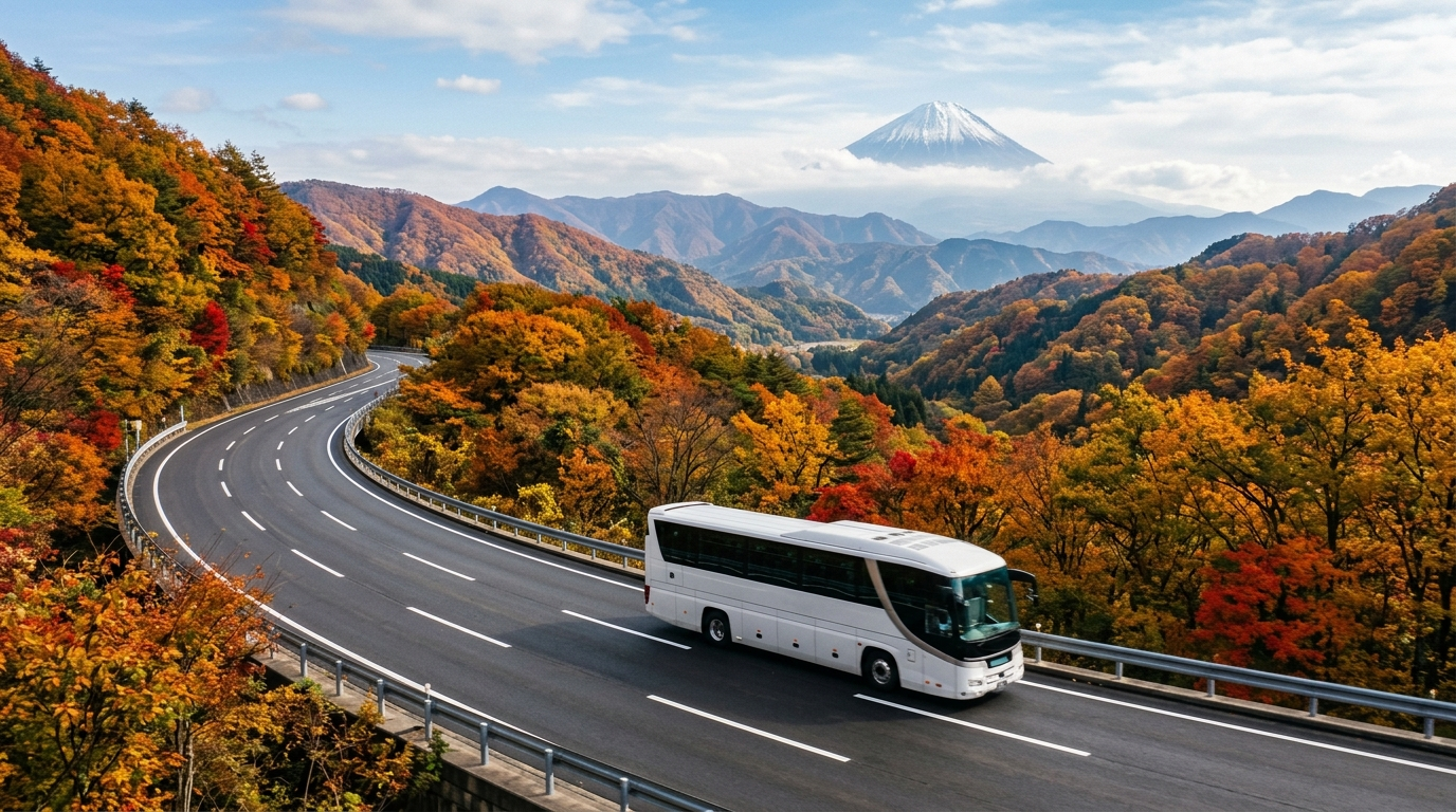 高速巴士行駛於富士山地區山間道路,秋季楓紅與遠方富士山輪廓相映(AI 生成示意圖)