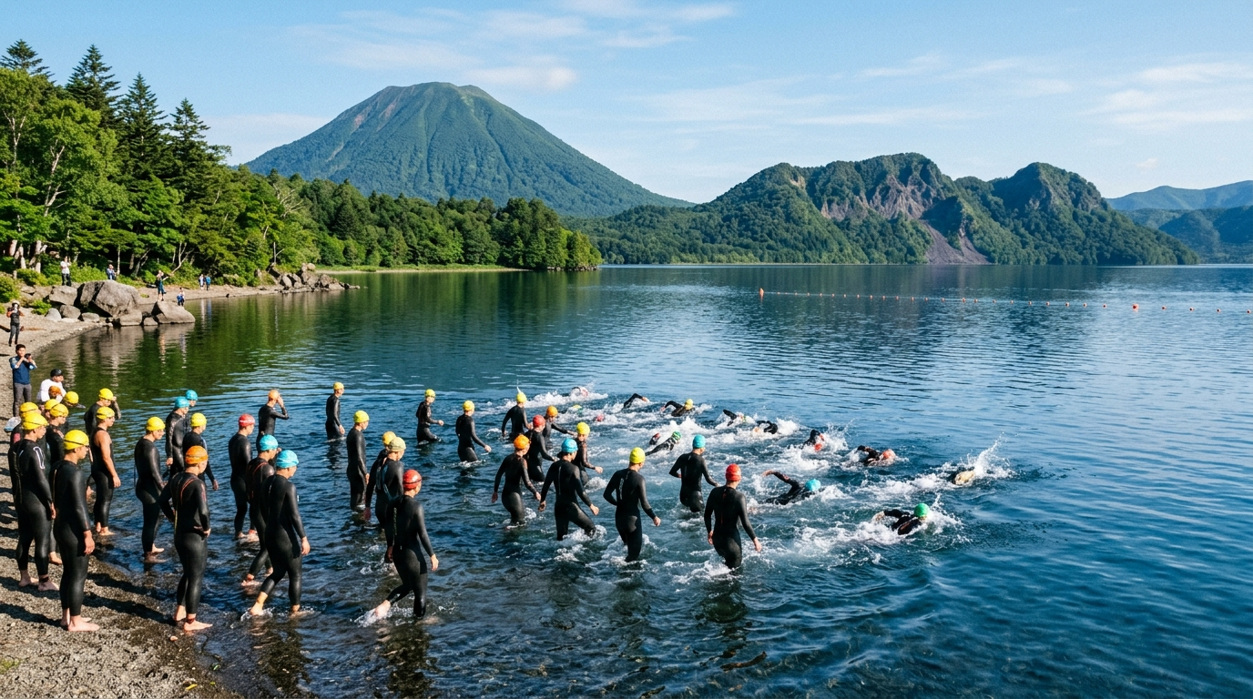 北海道鐵人三項洞爺湖游泳項目起點,選手準備下水(AI 生成示意圖)