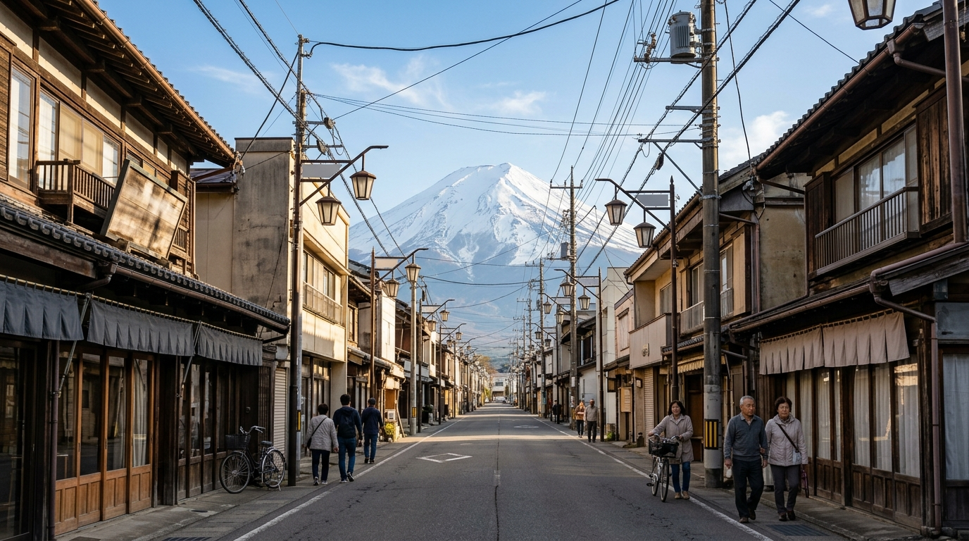富士吉田本町商店街懷舊老街搭配富士山示意圖(AI 生成示意圖)