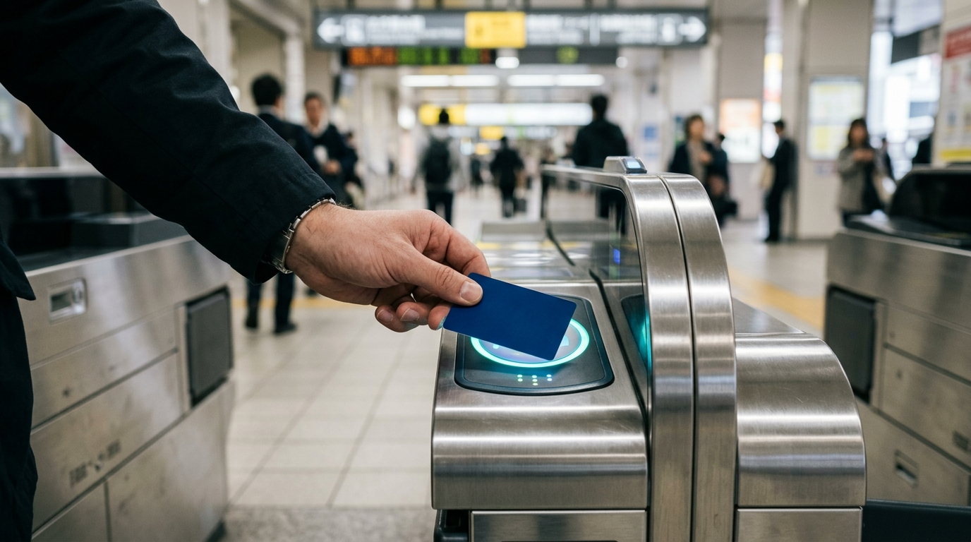 旅客手持交通IC卡感應閘門機器準備進站(AI 生成示意圖)