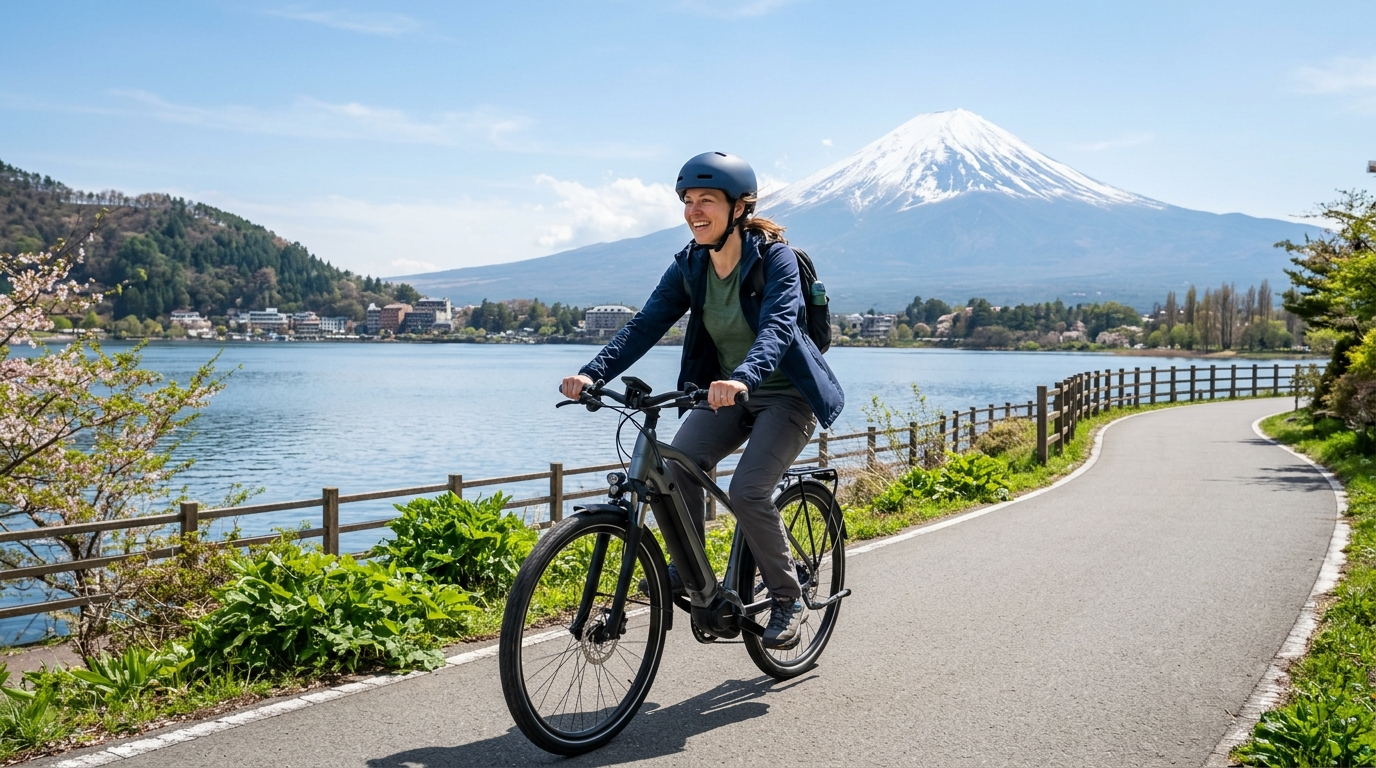 遊客騎乘 E-bike 於日本富士山河口湖畔出遊,示意日本 E-bike 車況新穎、騎乘安全(AI 生成示意圖)