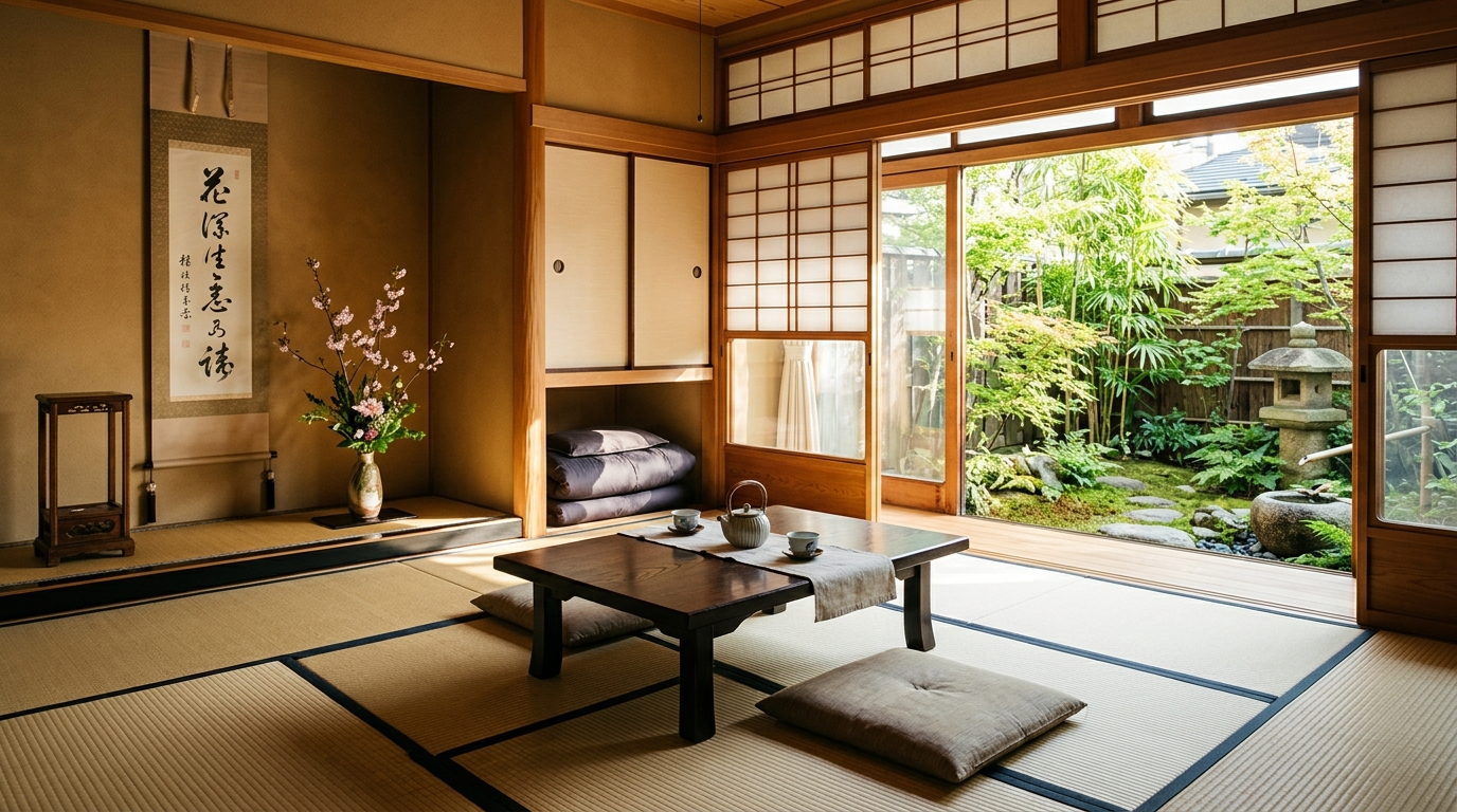 日式旅館客房內部,榻榻米與庭院景觀(AI 生成示意圖)