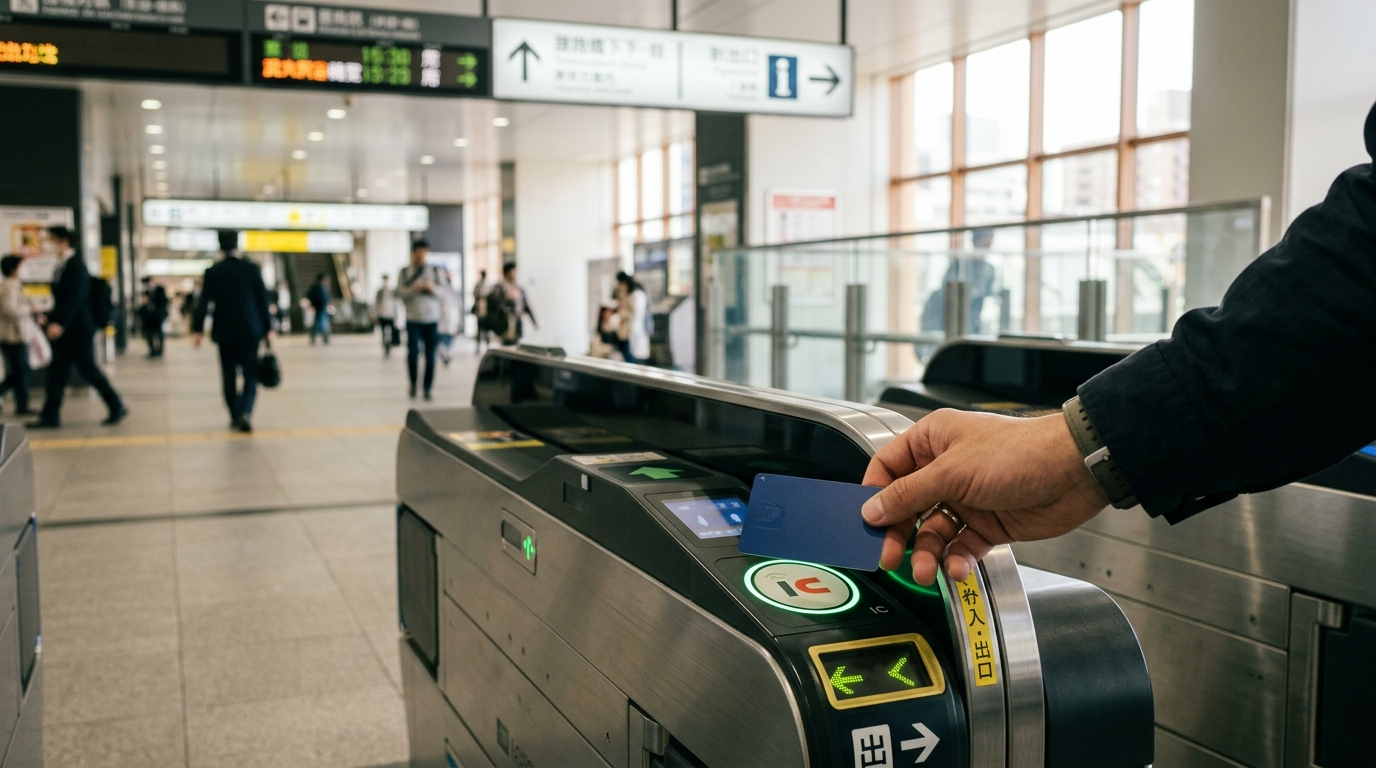 旅客手持交通票券通過日本車站驗票閘門(AI 生成示意圖)