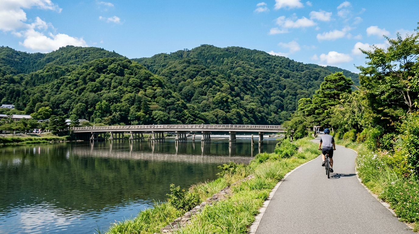 京都桂川嵐山沿岸單車道示意圖,可見傳統木造橋樑(AI 生成示意圖)