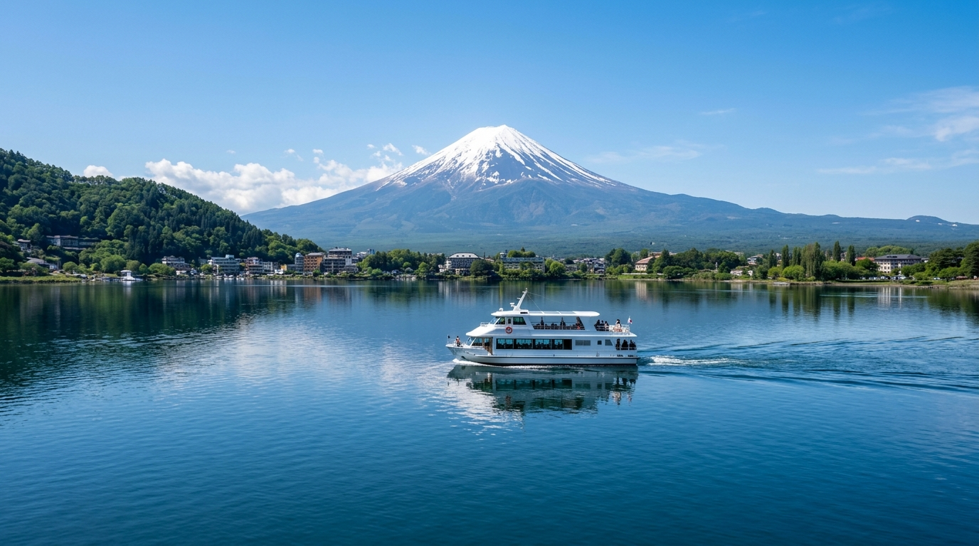河口湖遊覽船與富士山倒映湖面示意圖(AI 生成示意圖)