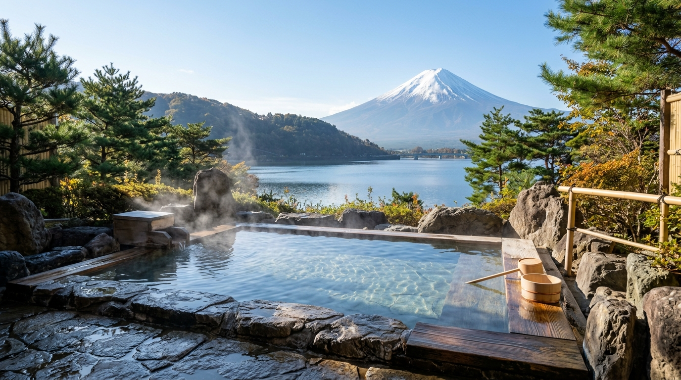 河口湖畔露天溫泉搭配富士山景示意圖(AI 生成示意圖)