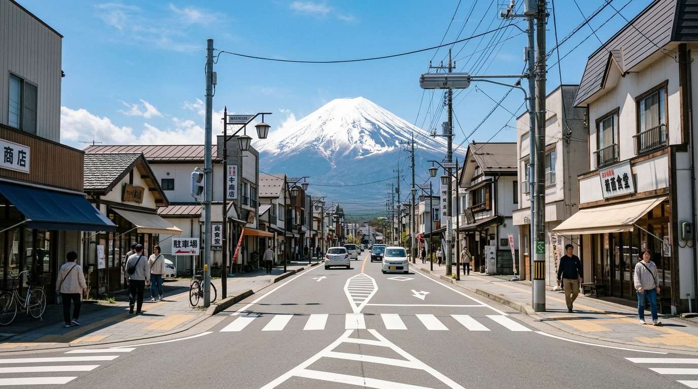 河口湖車站前街景搭配富士山示意圖(AI 生成示意圖)