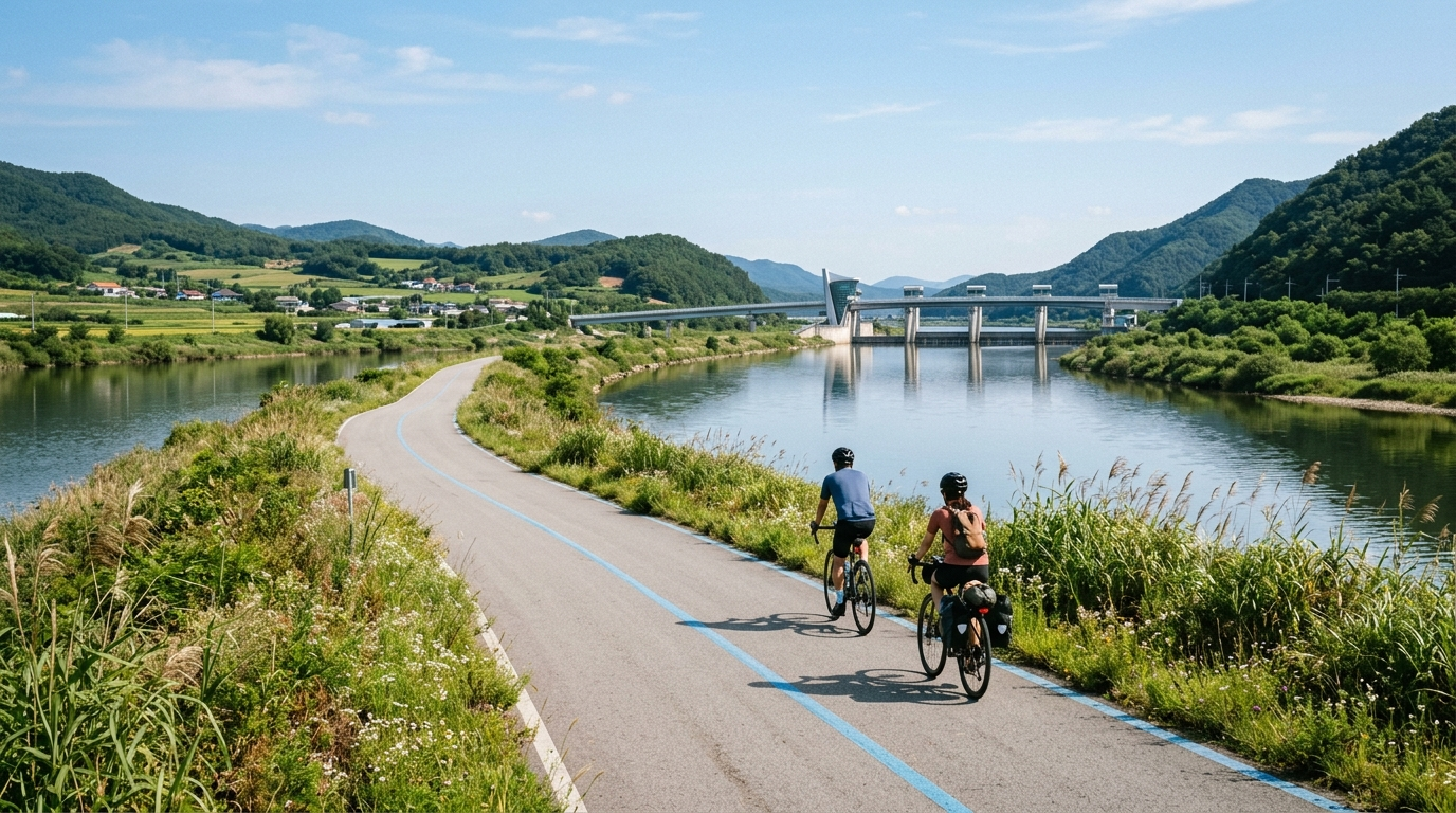 韓國國土縱走單車道沿河岸而行,遠方可見河川攔水堰與丘陵農田景觀(AI 生成示意圖)