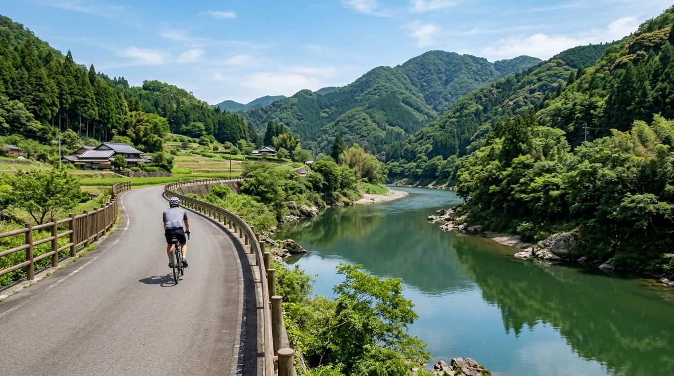 球磨川沿岸單車道示意圖,沿河而行的鄉間路線(AI 生成示意圖)