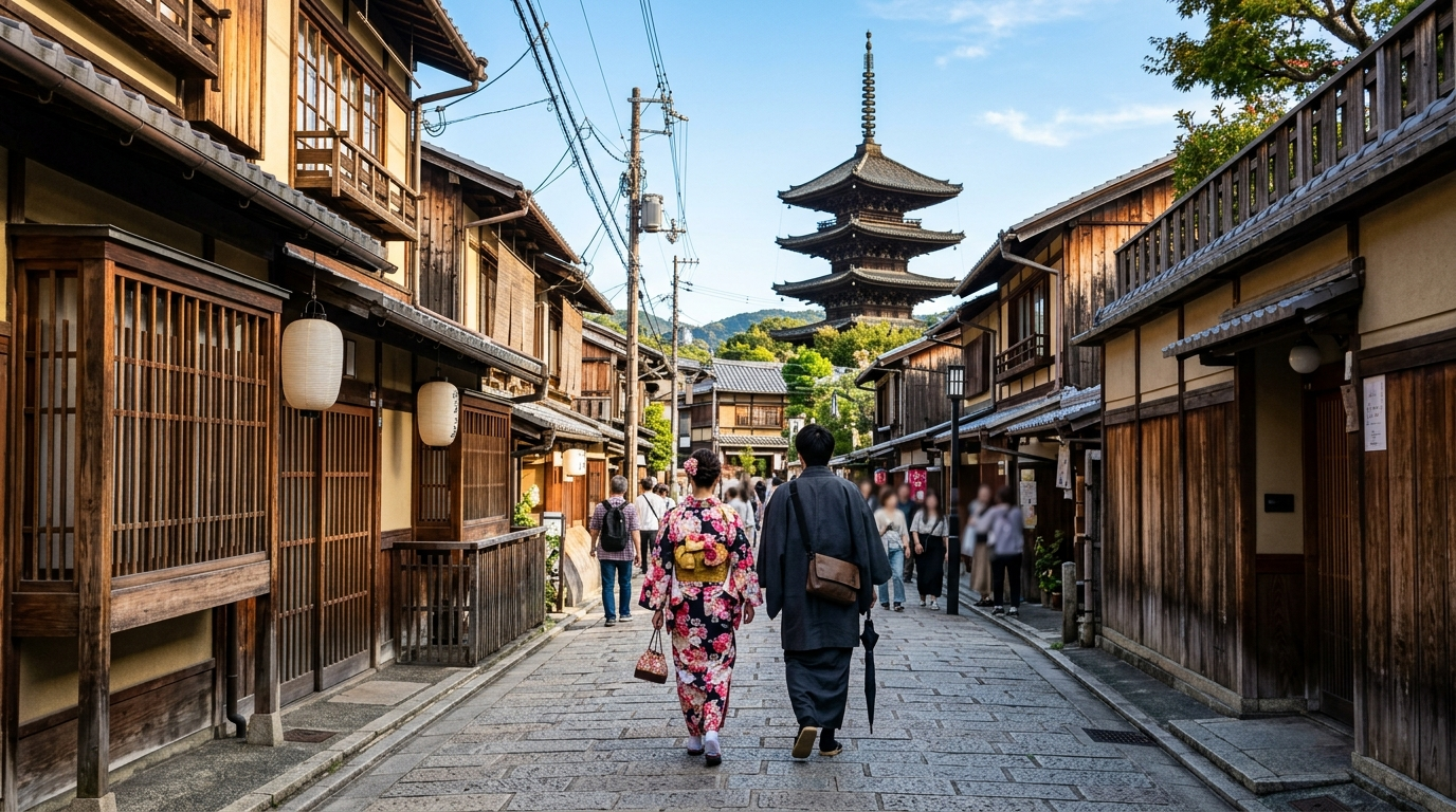京都傳統街道景觀,町屋建築與寺廟地標(AI 生成示意圖)