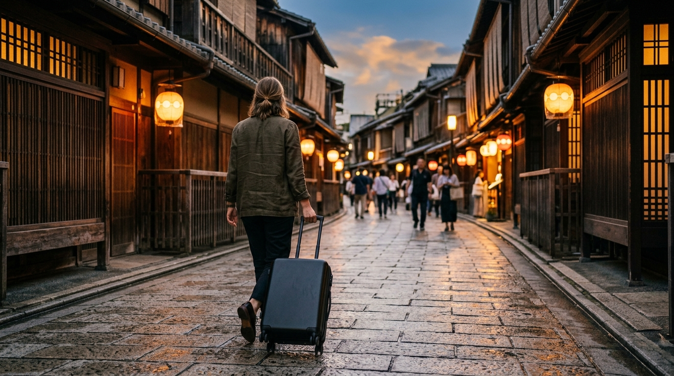 旅客拖行李箱走在京都傳統街道,準備前往住宿地點(AI 生成示意圖)