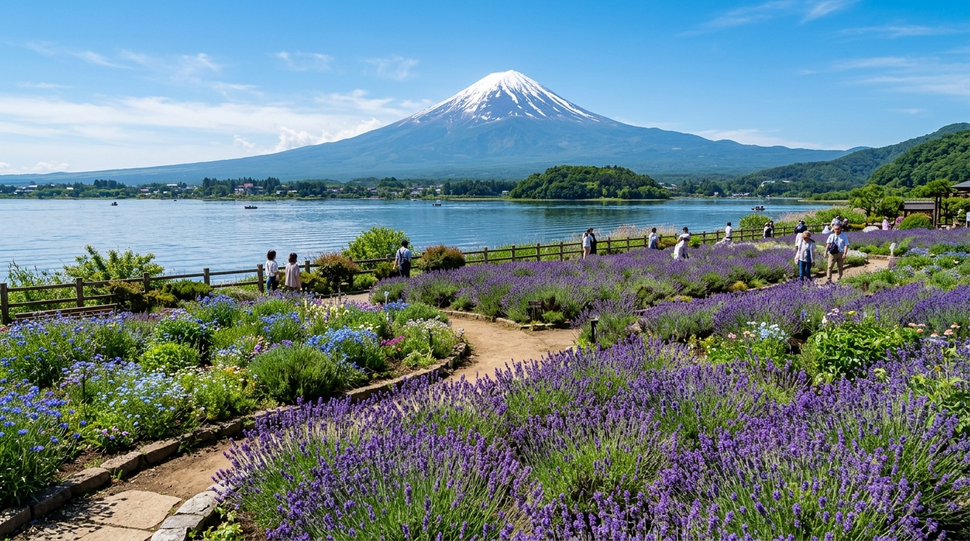 大石公園花海與富士山合影示意圖(AI 生成示意圖)