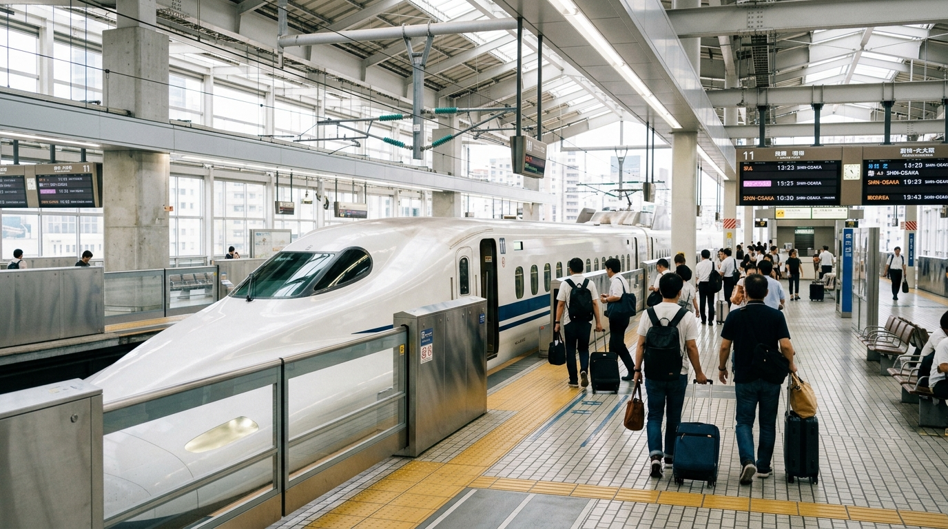 旅客提著行李於日本新幹線月台準備搭車(AI 生成示意圖)