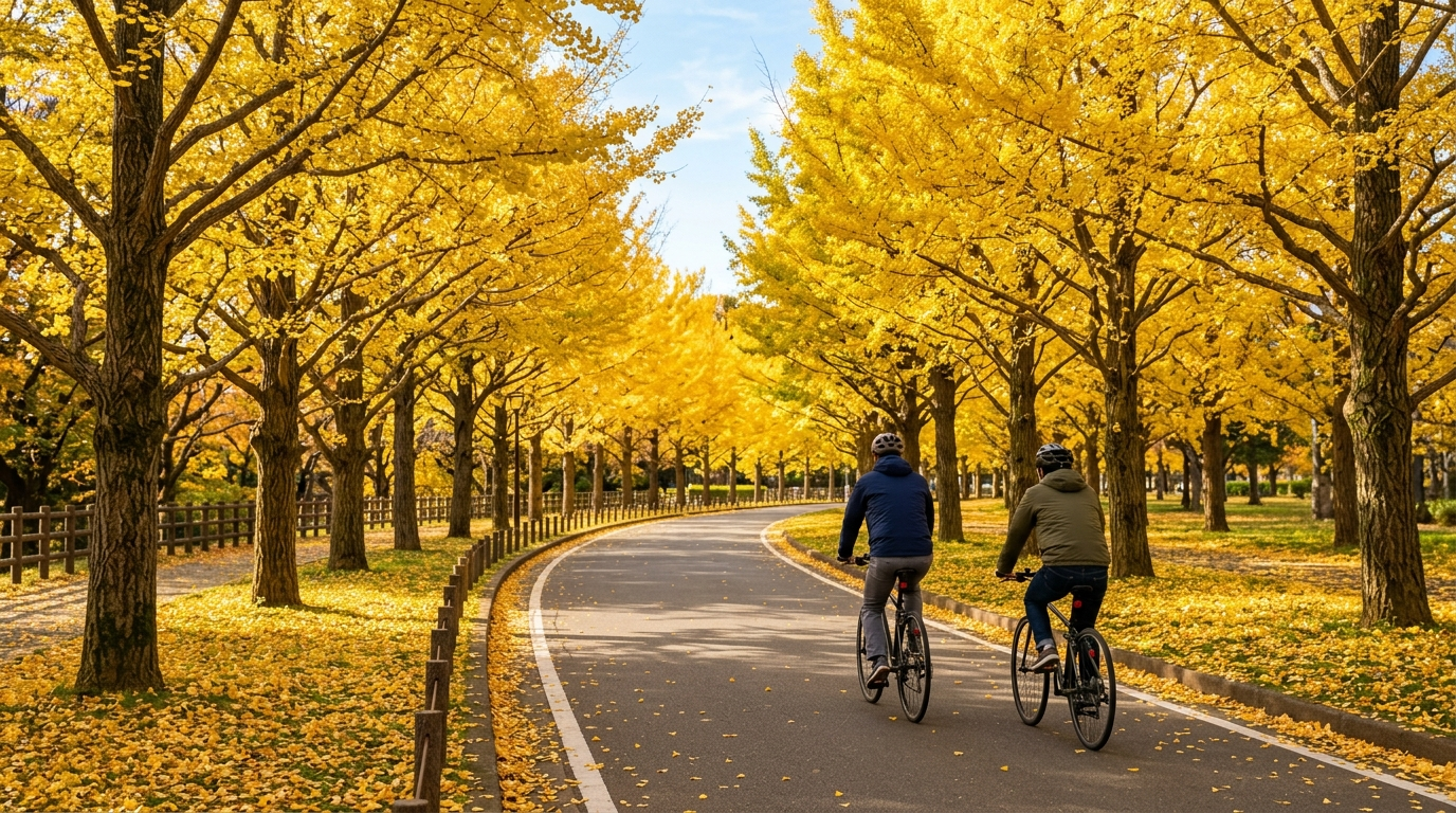 國營昭和紀念公園單車道秋景示意圖,銀杏並木景觀(AI 生成示意圖)