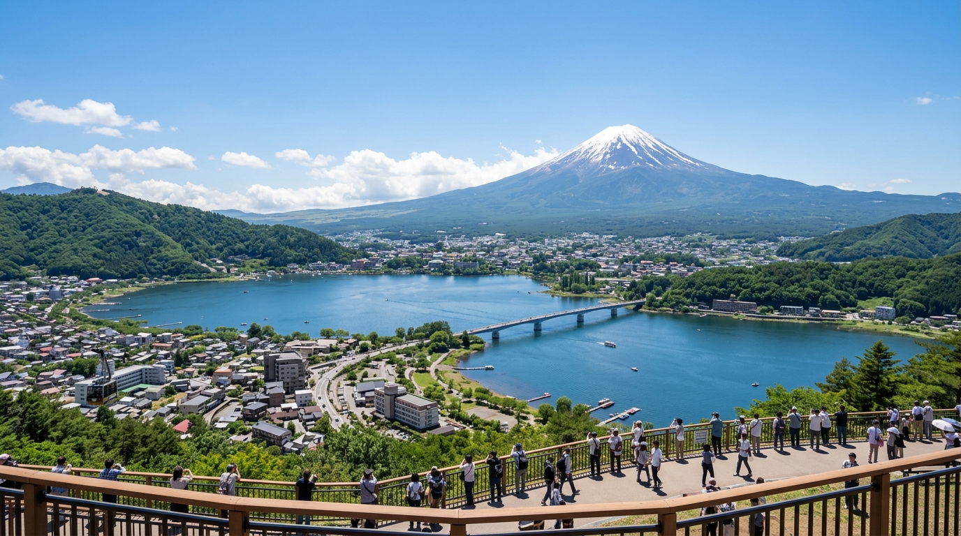 天上山公園纜車俯瞰河口湖與富士山全景示意圖(AI 生成示意圖)