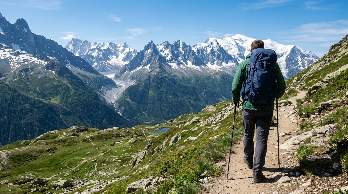 健行者背著登山背包行走在阿爾卑斯山區步道，遠方可見勃朗峰雪峰群（AI 生成示意圖）
