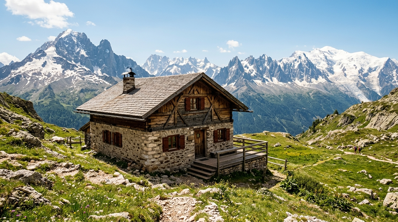 阿爾卑斯山區傳統登山山屋，石造與木造混合建築，背景為雪山山脈（AI 生成示意圖）