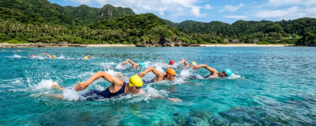 鐵人三項選手於徳之島珊瑚礁清澈海域進行開放水域游泳,背景為亞熱帶離島丘陵(AI 生成示意圖)