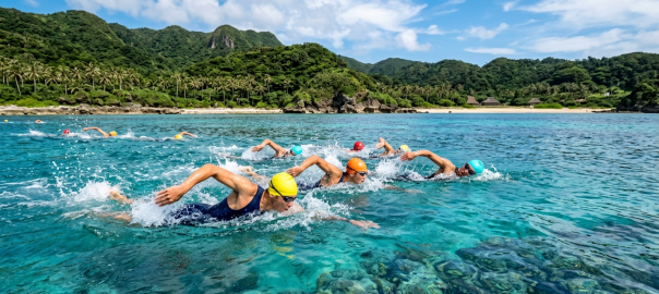 鐵人三項選手於徳之島珊瑚礁清澈海域進行開放水域游泳，背景為亞熱帶離島丘陵（AI 生成示意圖）