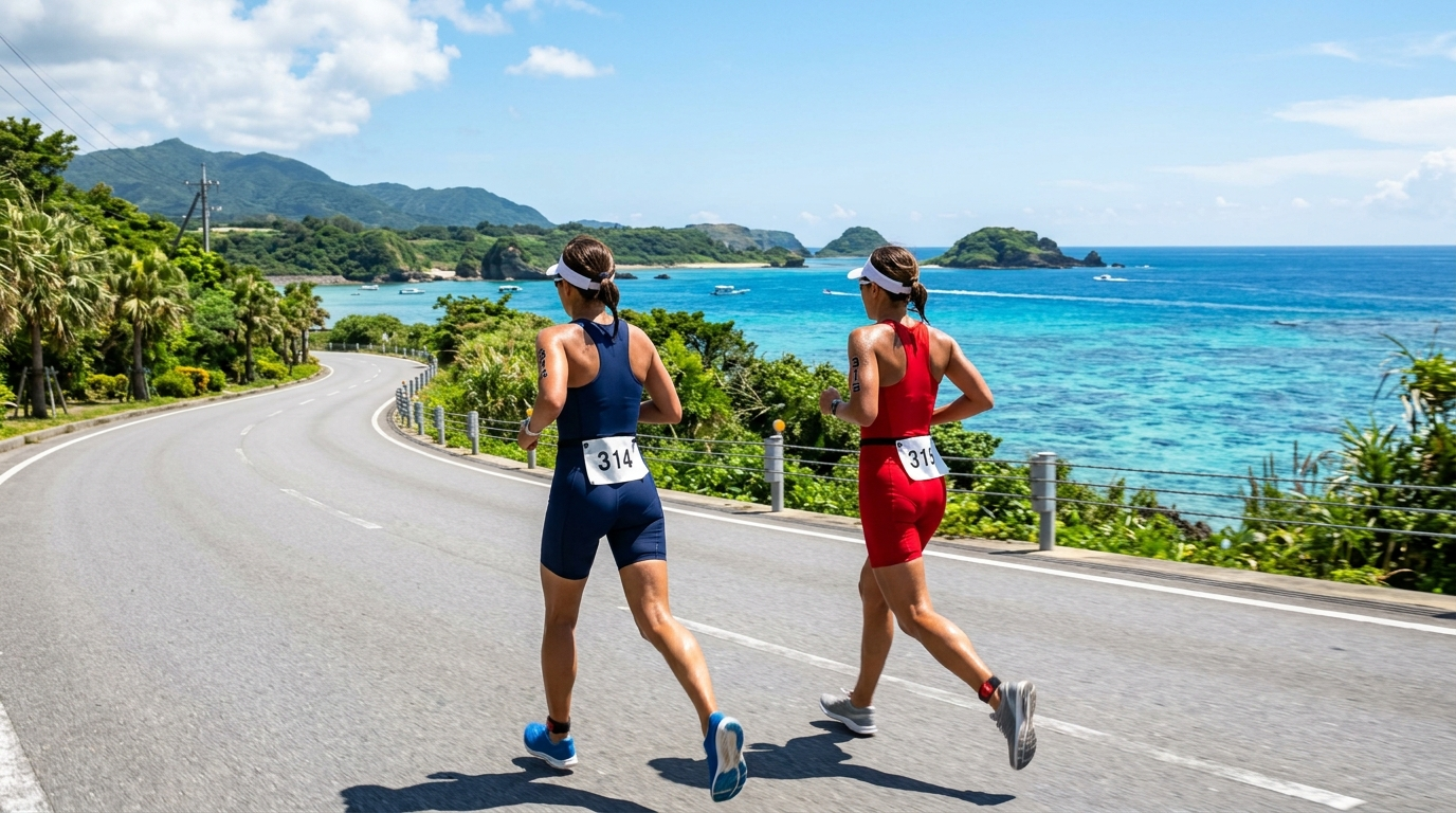 鐵人三項選手於沖繩離島沿海公路進行跑步項目(AI 生成示意圖)