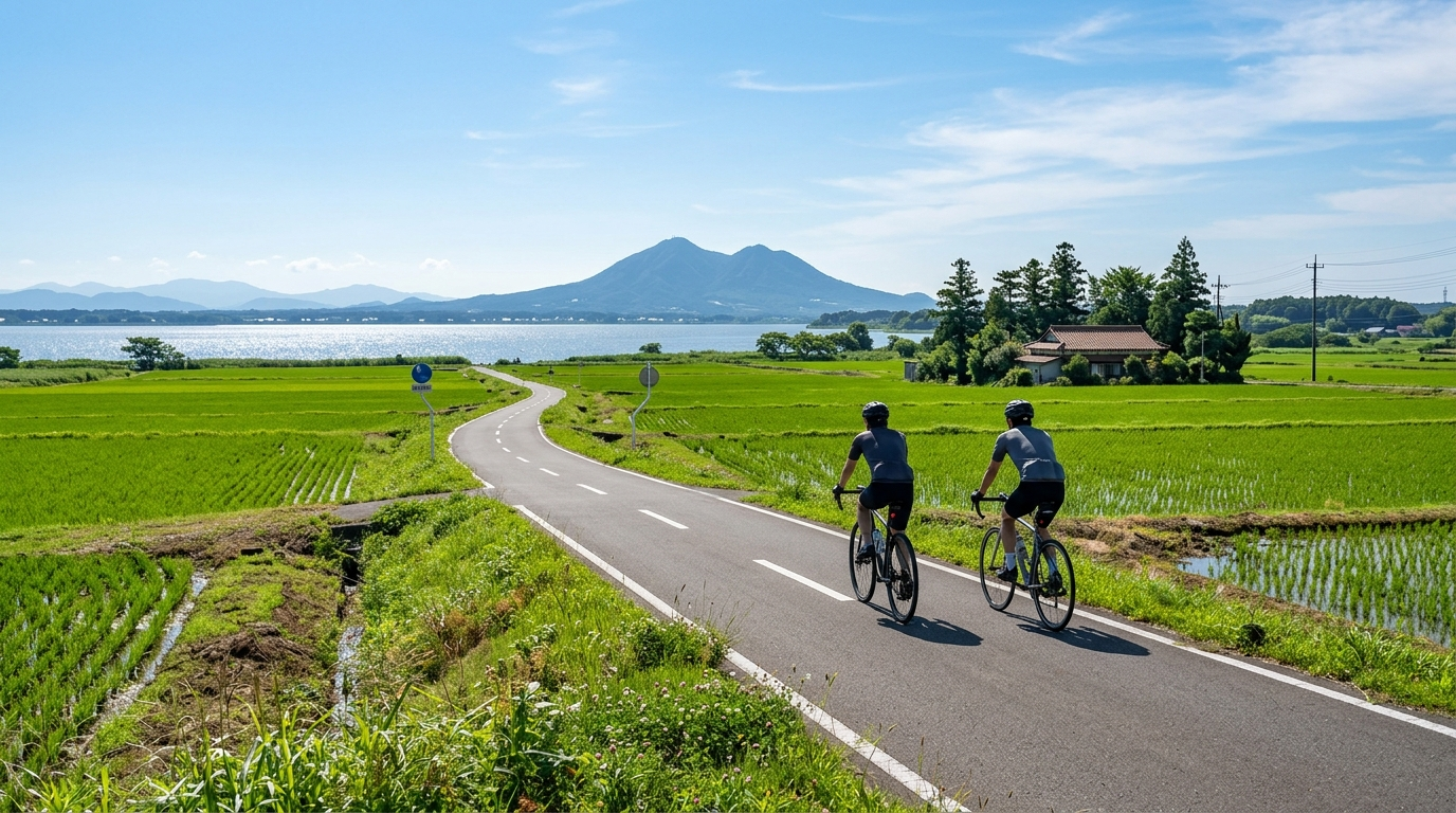 筑波霞浦單車道示意圖,田園風光與遠方湖景(AI 生成示意圖)