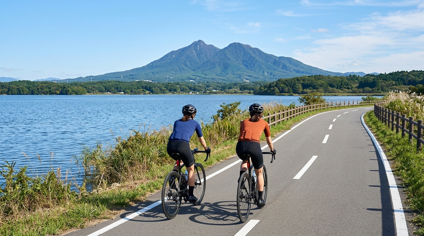 筑波霞浦林道專用單車道與霞浦湖畔筑波山遠景(AI 生成示意圖)