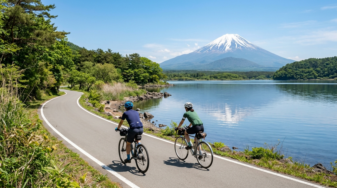 山中湖環湖單車道示意圖,湖面倒映富士山(AI 生成示意圖)