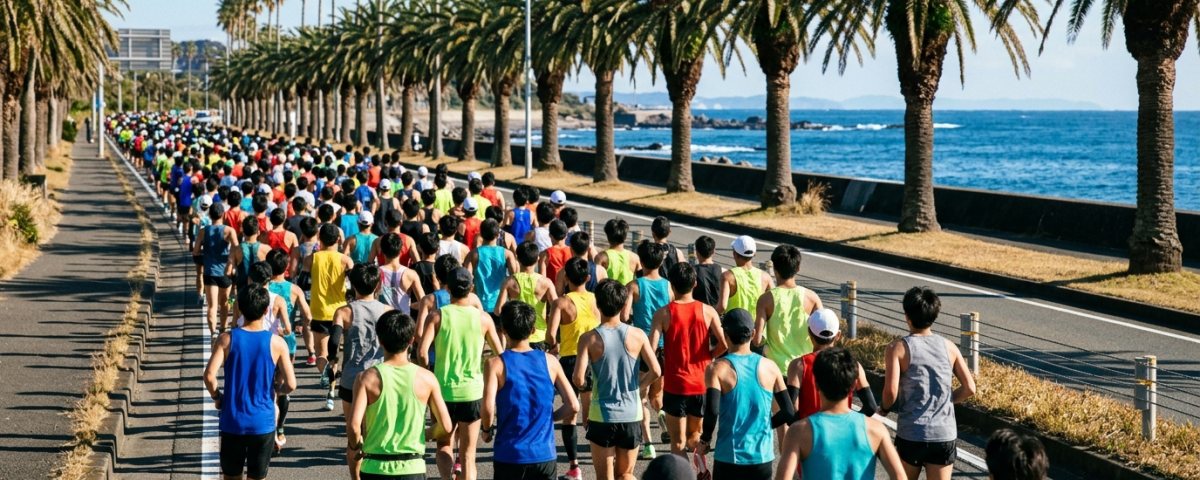 跑者集團奔馳於宮崎青島太平洋馬拉松鳳凰椰林大道遠眺壯闊海景(AI 生成示意圖)