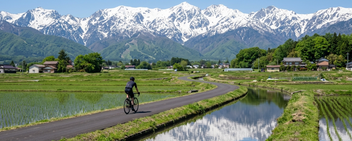 安曇野田園單車騎行與雄偉北阿爾卑斯連峰倒影(AI 生成示意圖)