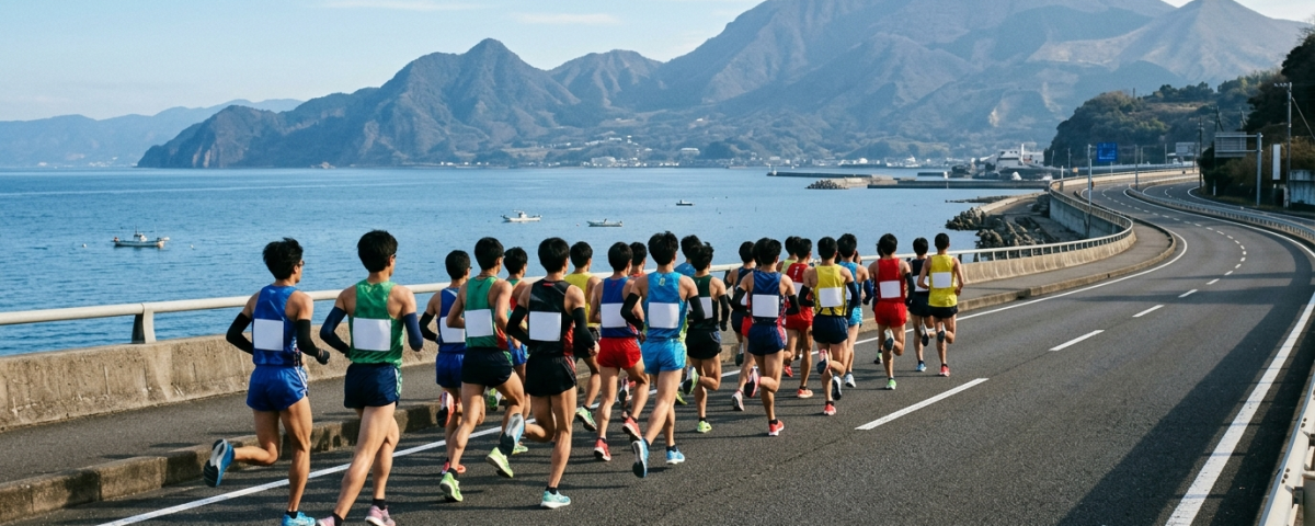 菁英跑者集團奔馳於別府大分每日馬拉松別府灣濱海公路晨光破風（AI 生成示意圖）