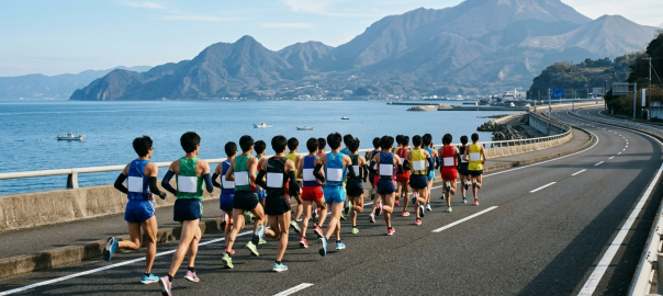 菁英跑者集團奔馳於別府大分每日馬拉松別府灣濱海公路晨光破風（AI 生成示意圖）