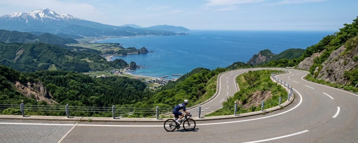 騎士騎行於鳥海山藍線山岳公路蜿蜒路段遠眺日本海壯闊海景(AI 生成示意圖)