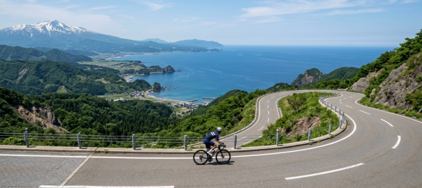 騎士騎行於鳥海山藍線山岳公路蜿蜒路段遠眺日本海壯闊海景（AI 生成示意圖）