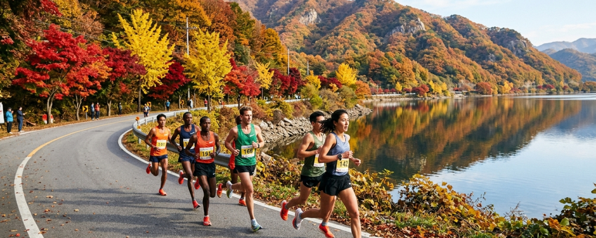 跑者集團奔馳於韓國春川衣岩湖畔萬株紅葉金黃銀杏林蔭公路遠眺秋山(AI 生成示意圖)