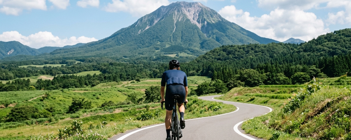 騎士騎行於鳥取大山與蒜山高原專用自行車道遠眺伯耆富士雄偉山峰(AI 生成示意圖)