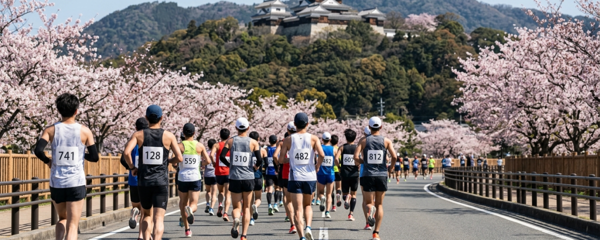 跑者群奔馳於愛媛松山市區賽道背景遠眺雄偉松山城天守閣與盛開櫻花（AI 生成示意圖）