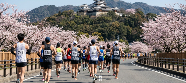 跑者群奔馳於愛媛松山市區賽道背景遠眺雄偉松山城天守閣與盛開櫻花（AI 生成示意圖）
