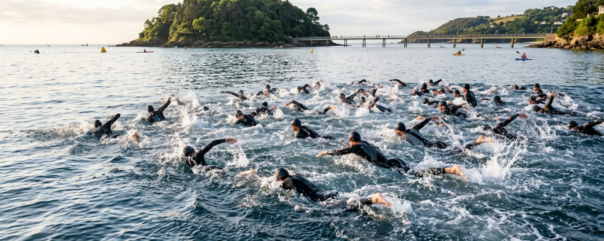 鐵人三項選手於愛知三河灣竹島海岸平靜海域破浪出發海泳（AI 生成示意圖）