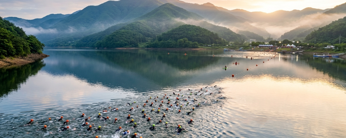 鐵人三項選手於韓國求禮智異山清澈湖泊破浪出發海泳(AI 生成示意圖)