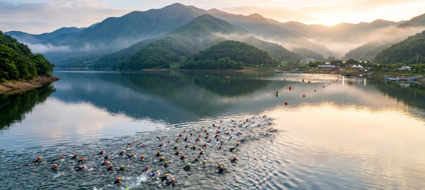 鐵人三項選手於韓國求禮智異山清澈湖泊破浪出發海泳（AI 生成示意圖）