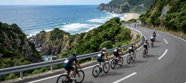 鐵人三項選手騎乘公路車沿著南阿波日光景觀公路陡峭海崖奔馳（AI 生成示意圖）