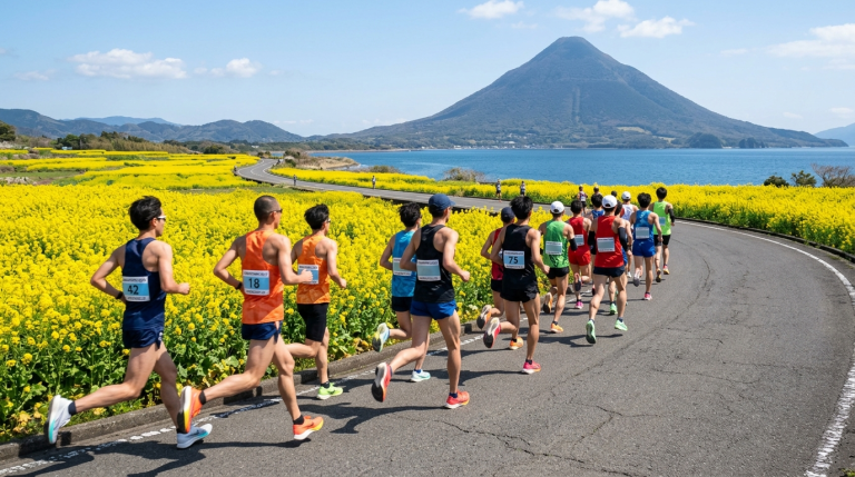 鹿兒島指宿油菜花馬拉松完整指南：日本最早早春全馬、開聞岳薩摩富士絕景、池田湖畔金黃花海與指宿砂蒸溫泉排酸攻略