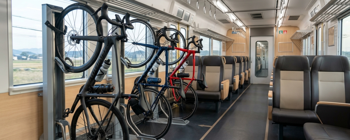 日本單車列車車廂內部專用固定車架與騎士舒適座椅空間(AI 生成示意圖)