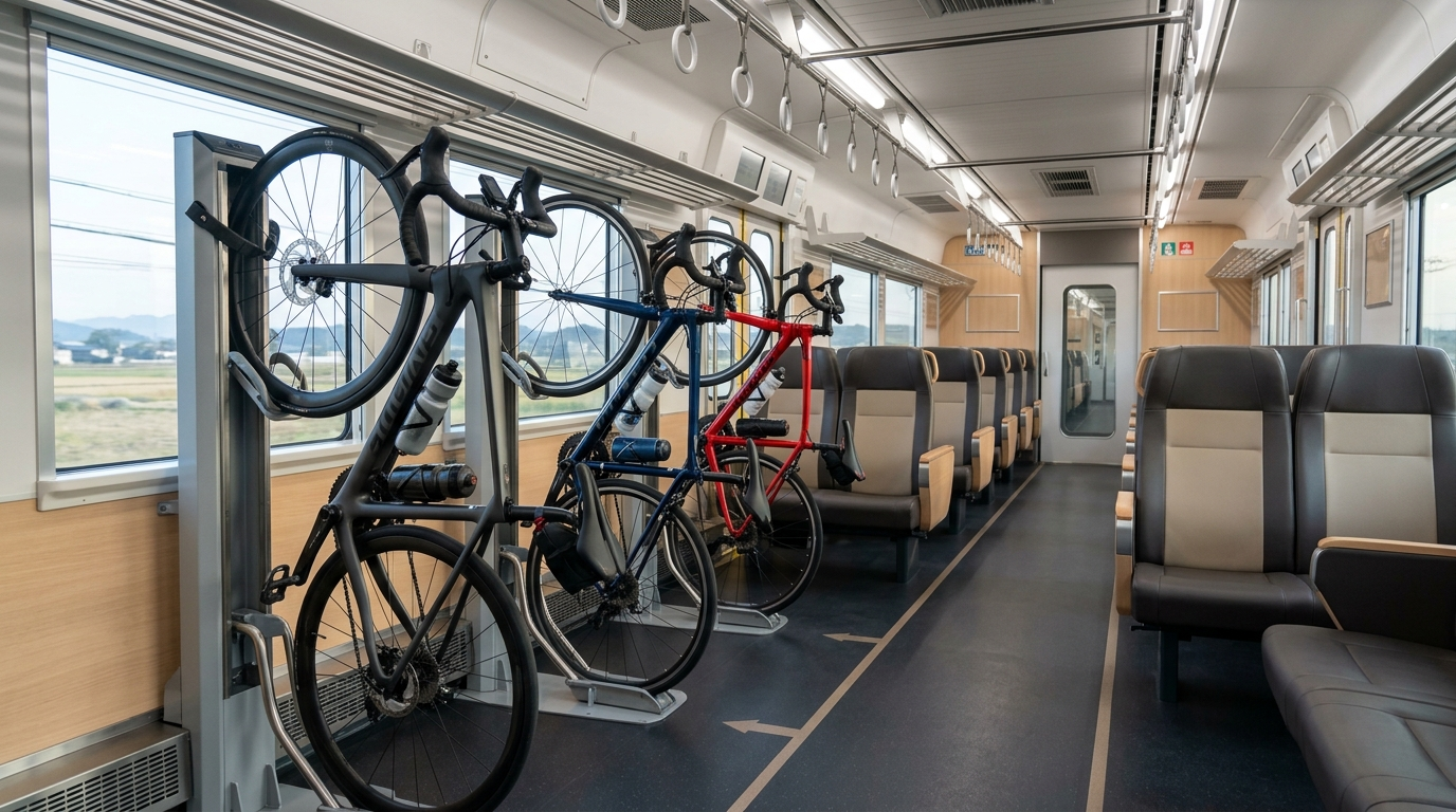 日本專用單車列車車廂內部設置專業自行車固定架與舒適乘客座椅(AI 生成示意圖)