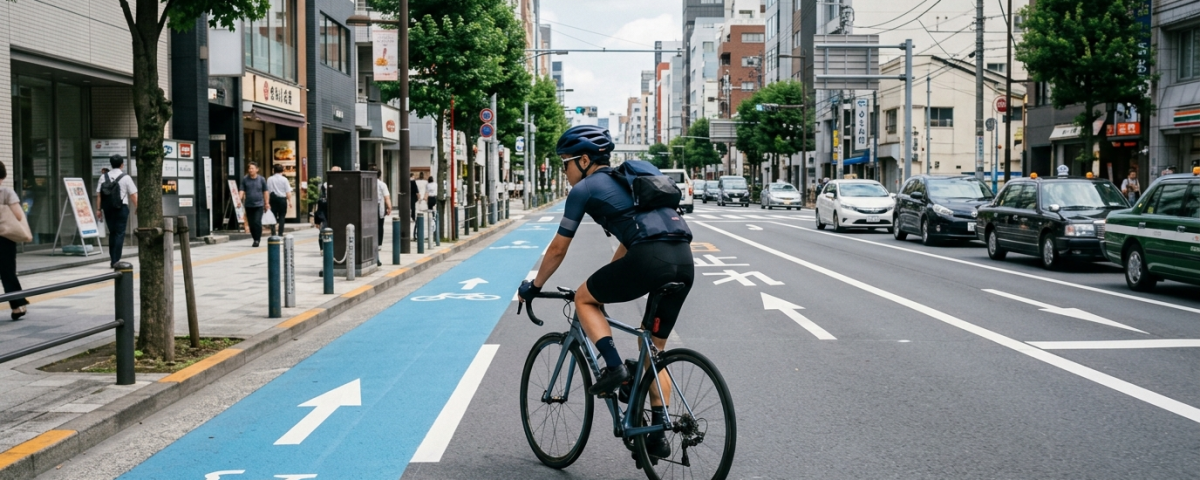 騎士配戴流線安全帽行駛於日本城市道路左側藍色箭頭自行車專用標線上（AI 生成示意圖）