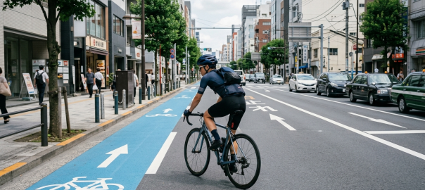 騎士配戴流線安全帽行駛於日本城市道路左側藍色箭頭自行車專用標線上（AI 生成示意圖）