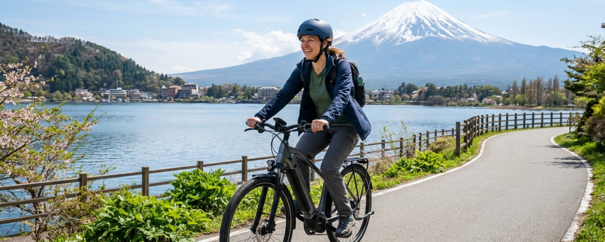 四國河谷林道與湖畔電動輔助單車悠閒巡航（AI 生成示意圖）